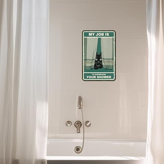 Cat Supervisor Tin Sign - Funny Bathroom Wall Decor Featuring a Peeking Black Cat, Vintage Retro Metal Art Poster, Relatable Humorous Gift for Cat Mom and Dad, 8x12 Inch