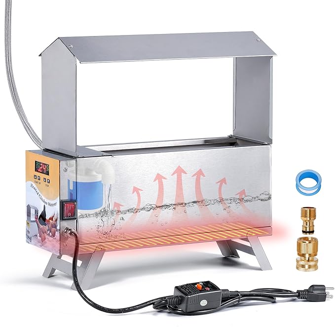 Chicken Waterer Heated 2 Gallon Chicken Water Heater for Winter Stainless Steel Poultry Drinker Heater Anti Freezing Watering Dispenser for Coop, Thermostatically Controlled