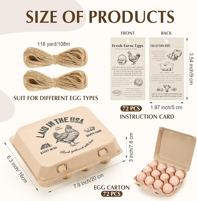 Maxdot 72 Pack Egg Cartons Bulk 3x4 Style Holds Cardboard Egg Cartons Made from Paper Pulp with Instruction Cards & Jute Rope Empty Egg Tray Holder for Family Farm, Supermarkets, Kitchen