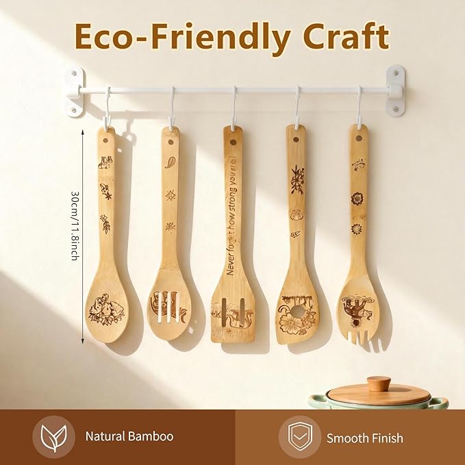 Elephant Gifts for Women 5 PCS Cartoon Wooden Spoons for Cooking Elephant Decor Cute Bamboo Spatula for Elephant Kitchen Accessories Engraved Spoon Kitchen Stuff for Women Mothers Day Gifts