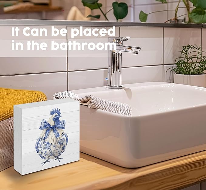 Blue and White Chinoiserie Chicken Wooden Signs, Grand Millenial Bow Blue Floral Home Decor Signs, Chinoiserie Porcelain Desk Decorations, Farmhouse Chicken Animal Kitchen Bathroom Decor