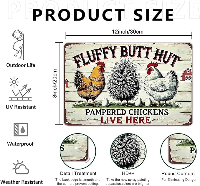 Funnysign Vintage Fluffy Butt Hut Pampered Chickens Live Here Chicken Tin Sign for Chicken Coop Farm Kitchen Garden Yard Decor 8x12 inch (3941)