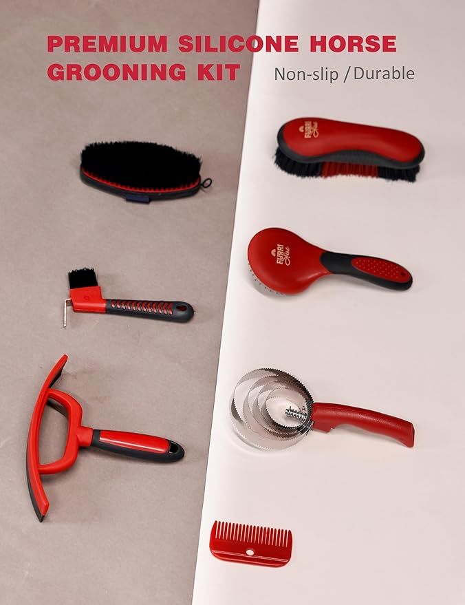 9-Piece Horse Grooming Brush Kit, Silicone Curry Comb & Grooming Brushes for Daily Care, Bathing & Shedding Shadowberry