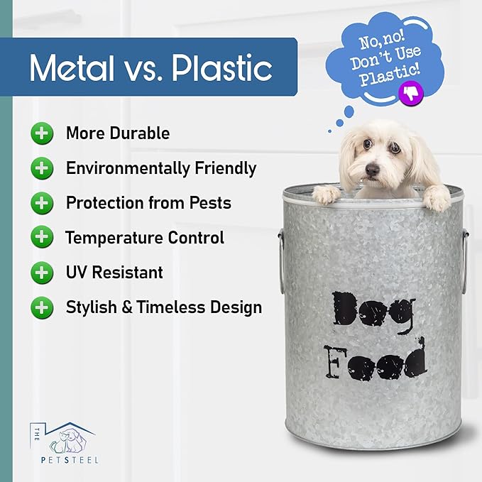 Small Dog Up To 20lb Pet Food Storage Canister Dog Bin with Scoop – Durable & Airtight for Freshnesss, Minimalist Design & Recyclable, Small Metal Container for Kitchen Countertop