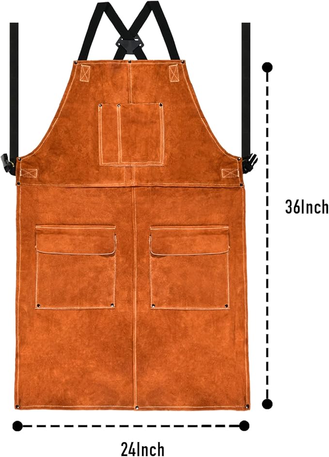 Leather Welding Work Apron - Heat Resistant & Flame Resistant Bib Apron, Flame Retardant Heavy Duty BBQ Apron