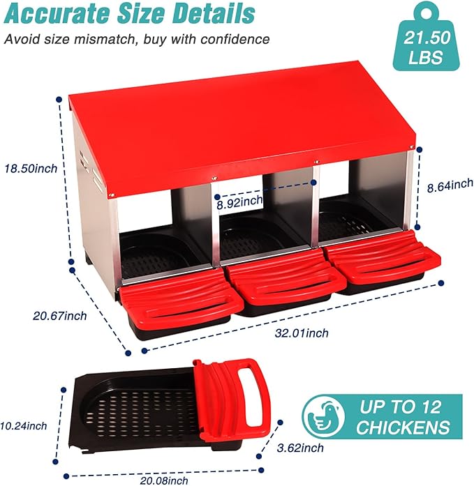 3-in-1 Roll Out Chicken Nesting Box with Removable Drawer – Green Metal Laying Nest for Hens, Easy Assemble, for Chicken Coop (Red)