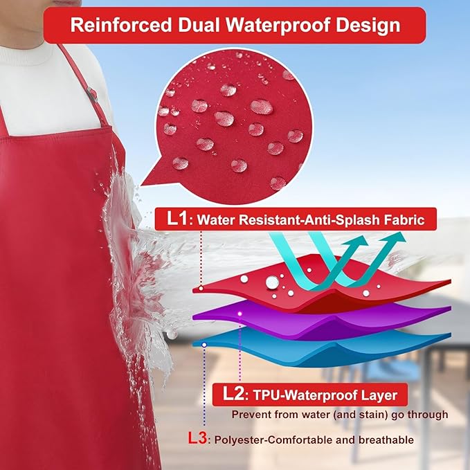 3-Layer Waterproof Apron - Pocket-Free Hygienic Design for Dishwashing & Dog Grooming - Lightweight Durable Protection for messy Kitchen Cooking, Baking, for Men & Women (3 Pack,Red)