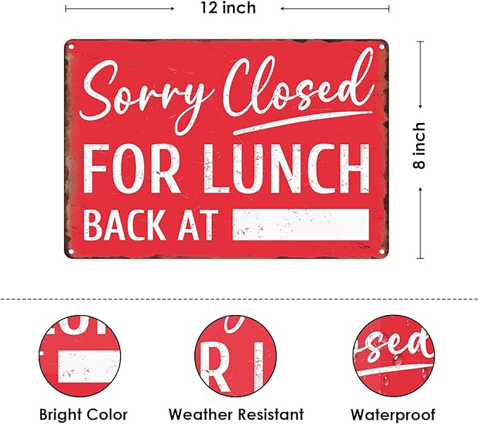 Sanwarm Metal Sign 8X12 Inch, Sorry Closed for Lunch Back At Notice Gone To Lunch Vintage Tin Sign Wall Art Decor for Store, Office, Hotel, Cafe and Pub Decoration