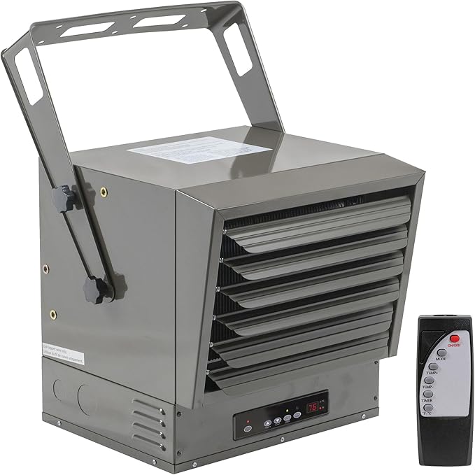 Comfort Zone 10,000W Hard-Wired Garage Heater – Industrial & Commercial Ceiling Mount, 240V Fan-Forced Heater with Remote, Digital Thermostat, Timer, 2 Heat Settings, Overheat Protection, Grey