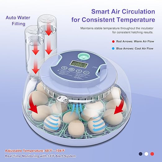 18 Egg Incubator for Hatching Chicks, Automatic Egg Turner Holds 18 Eggs, Smart Incubator 360° Clear Window with Temperature and Humidity Display Egg Candler for Small Poultry Ducks Quails Eggs