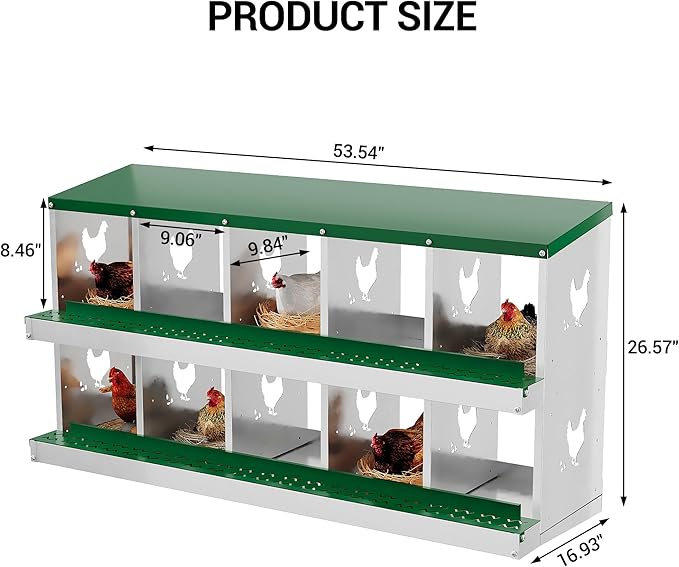 GarveeLife Nesting Boxes for Chickens, 10 Compartment Chicken Nesting Box, Metal Chicken Laying Boxes with Perch, Secure Lid, Versatile Wall Mount or Free Standing for Hens, Green