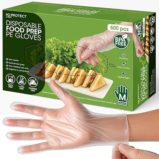 Keppi 600 Pack Disposable Gloves Medium – Food Safe, Clear, Plastic. Perfect for Cooking, Food Prep, Cleaning & Serving – BPA & Latex Free, Food-safe Single-Use HDPE Gloves