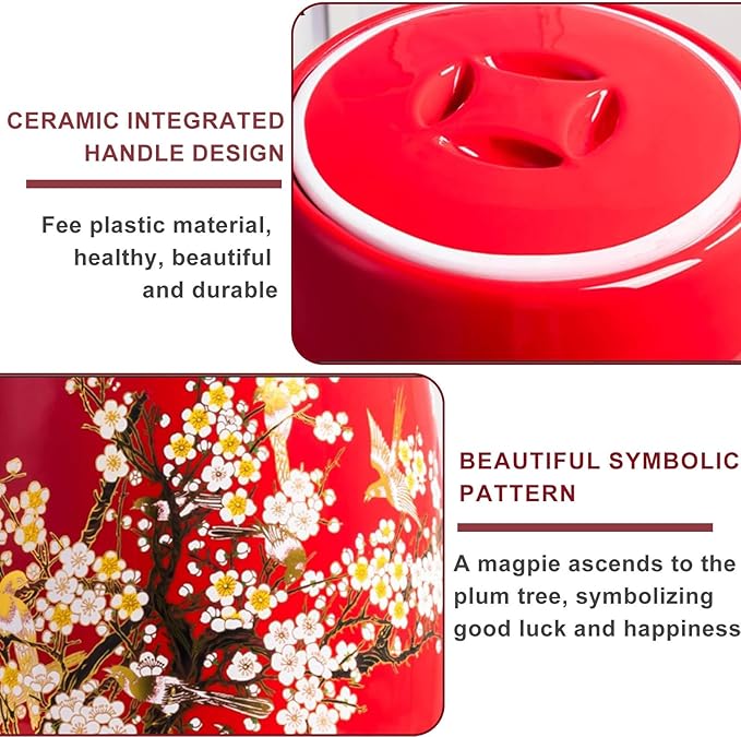 Ceramic Rice Storage Container, Large Ceramic Jar for Rice, Ceramic Rice Bucket with Lid Dispenser, Airtight Grain Storage Bin, Porcelain Kitchen Storage Box, Sealed Storage for Flour, Tea, Nuts(Red B
