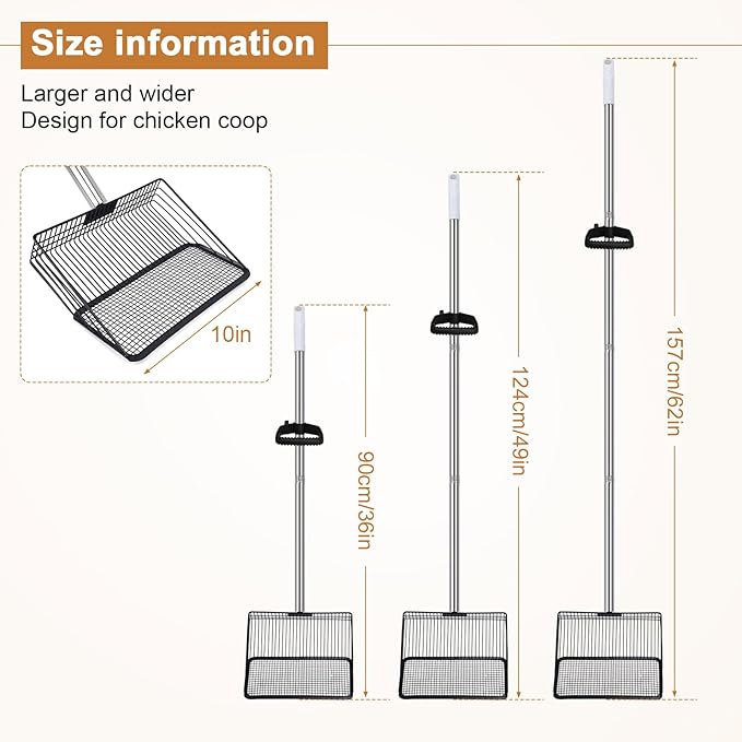 10in Wide Stainless Steel Chicken Poop Scooper with Adjustable Handle,36"-62" Long,Detailed mesh Design,Easy to Use Cleaning Tool for Chicken Coop, Sand Sifting
