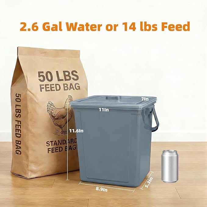 Chicken Feeder and Waterer Set (2.6 Gallon / 10L) – Square Automatic Poultry Dispenser Kit – Gravity Feed Ports & Drinking Cups – Durable Coop Accessories for Hens & Ducks (Grey)