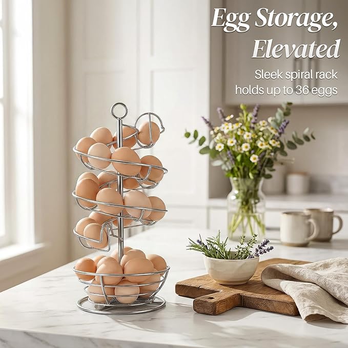 Flexzion Spiral Egg Rack for Fresh Eggs - Sturdy Silver Metal Egg Skelter Countertop Egg Holder with Bottom Basket and 360-Degree Rotatable Middle Pole Up to 36-Egg Capacity, Egg Storage Rack Solution