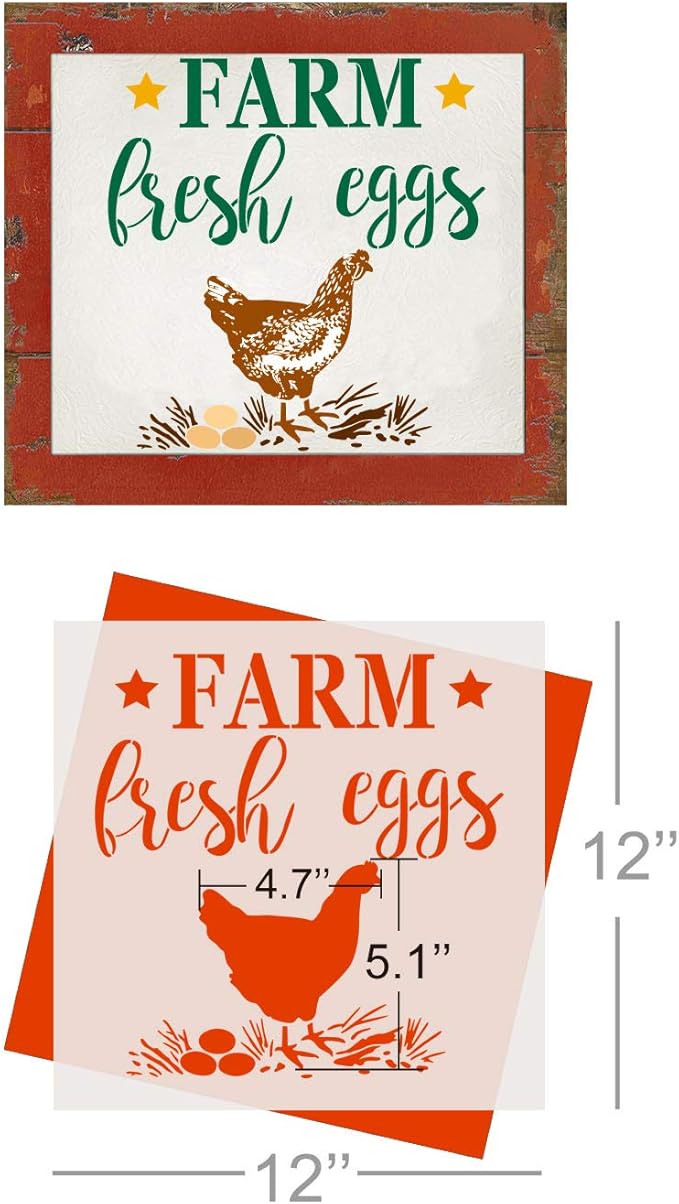 GSS Designs Farm Fresh Eggs Stencil (12x12 Inch) Farm Chicken Sign for Kitchen Wood Wall Home Decor Country Rustic (SL-090)