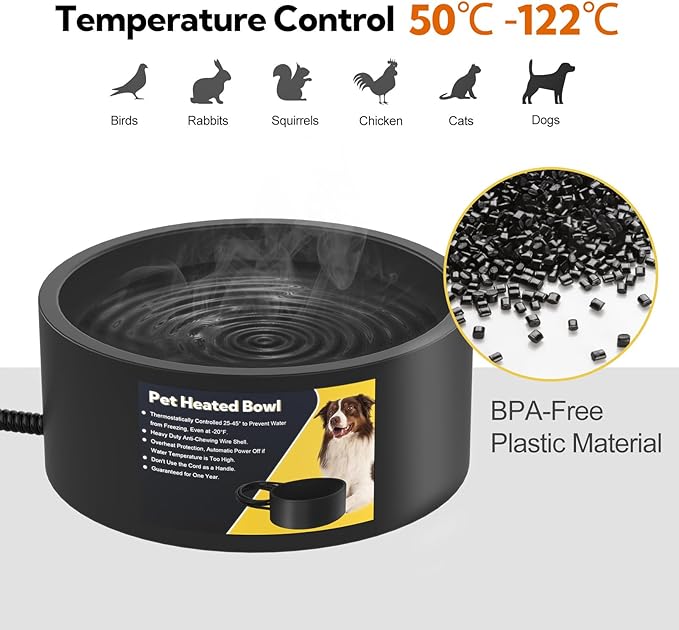 Heated Water Bowl for Dogs & Cats, Waterproof Heated Dog Bowl with Chew Resistant Cord, Large Heated Pet Bowl, Provide Warmable Water for Dogs, Cats, Chicken, Birds in Winter 3.2L（Black）