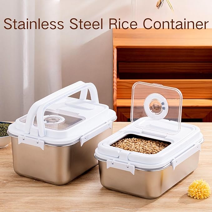 Saim Rice Containers - Stainless Steel Flour Storage Container with Silicone Airtight Lid and Scoop, Measuring Cup/Portable Rice Dispenser for Dry Beans, Oatmeal and Grains (15 Lbs)