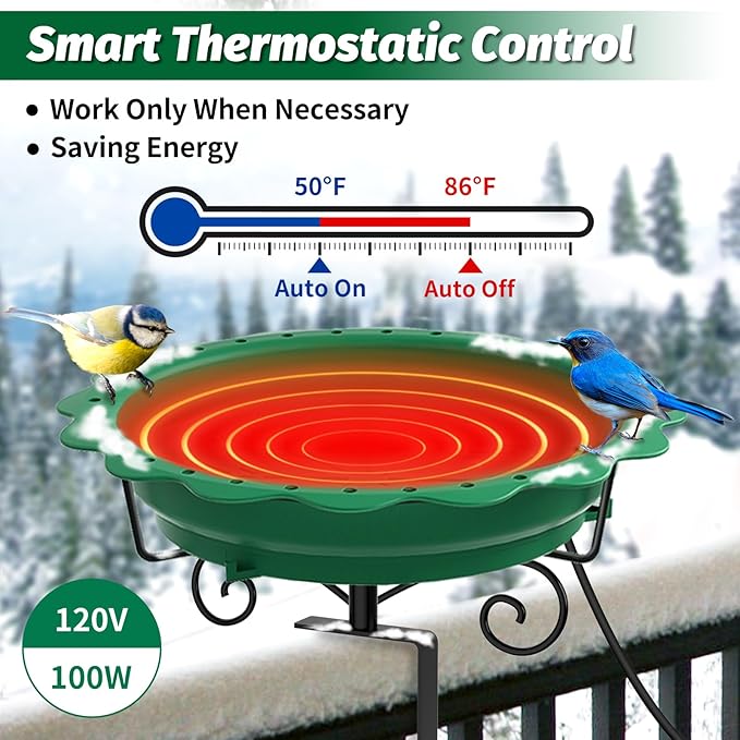Heated Bird Bath for Deck Railing, Powerful 100W Thermostatically Controlled Heated Bird Baths for Outdoors for Winter, Heated Birdbath Water Heater for Outside Garden Yard Patio Lawn (Green)