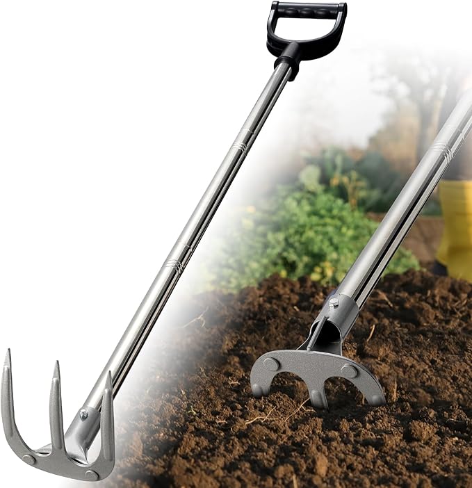62" Hand Cultivator, 3-Tine Heavy Duty Long Handle Weeding Rakes with D-Handle for Gardens Raised Beds Orchards Small Farms and Harvesting Potatoes