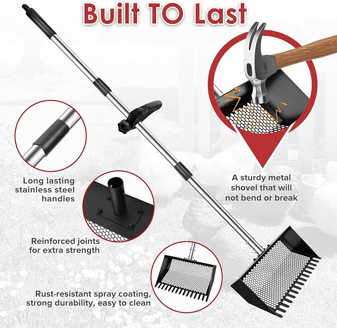 Chicken Poop Scooper & Rake 4-in-1, Metal Chicken Coop Scoop- Adjustable 23" to 66" Stainless Steel Handle, Sifting Litter Shovel for Chicken Coop, Goat Stall, Animal Farm, Stable Cleaning