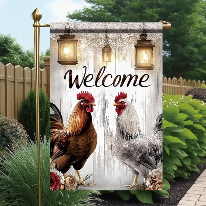Welcome Rooster Garden Flag 12x18 Inch Double Sided Outdoor Yard Banner Farmhouse Chicken Lantern Rustic Wood Design Country Home Decoration for Porch Patio Lawn Garden Decor