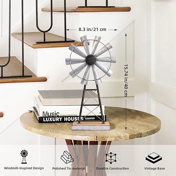 MODE HOME Charming Tall Galvanized Windmill Decor, Metal Windmill Accent for Farmhouse Shelf Decor and Living Room, Adding a Touch of Rustic Farmhouse Decor to Your Home Space