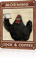 Funny Chicken Metal Signs Coffee Decor Morning Cock And Coffee Tin Signs Vintage Kitchen Metal Decor Rustic Wall Art For Home Farmhouse Coop Farm Poultry House Cafe Bar Office 16 * 12 In