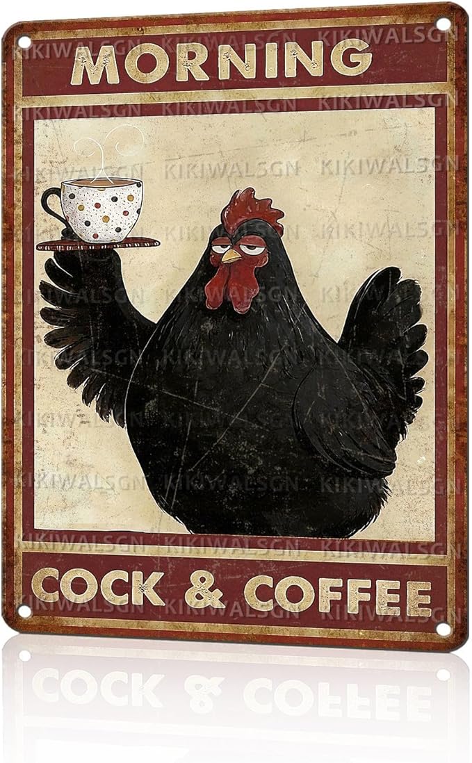 Funny Chicken Metal Signs Coffee Decor Morning Cock And Coffee Tin Signs Vintage Kitchen Metal Decor Rustic Wall Art For Home Farmhouse Coop Farm Poultry House Cafe Bar Office 16 * 12 In