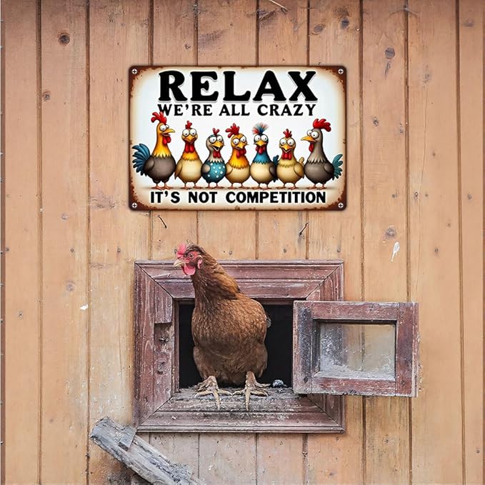 FunnySign Chicken Gifts Rooster Décor Relax We're All Crazy It's Not Competition Rustic Tin Sign For Home Farm Chicken Coop Decor 8x12 Inch (9709)