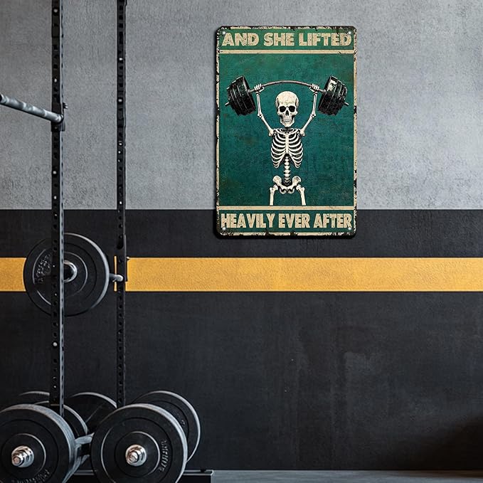 Funny Skull Gym Metal Signs Skeleton And She Lifted Heavily Ever After Tin Sign Weightlifting Fitness Gym Wall Decor Home Kitchen Garden Bar Coffee Restaurant Bathroom Art Workout Room Decor 8x12 Inch
