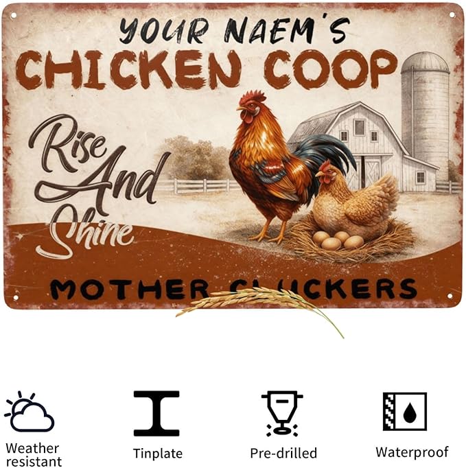 Custom Your Name Chicken Coop Tin Sign Rise And Shine Funny Farm Metal Plaque Vintage Rustic Wall Decor for Backyard Barn Farmhouse