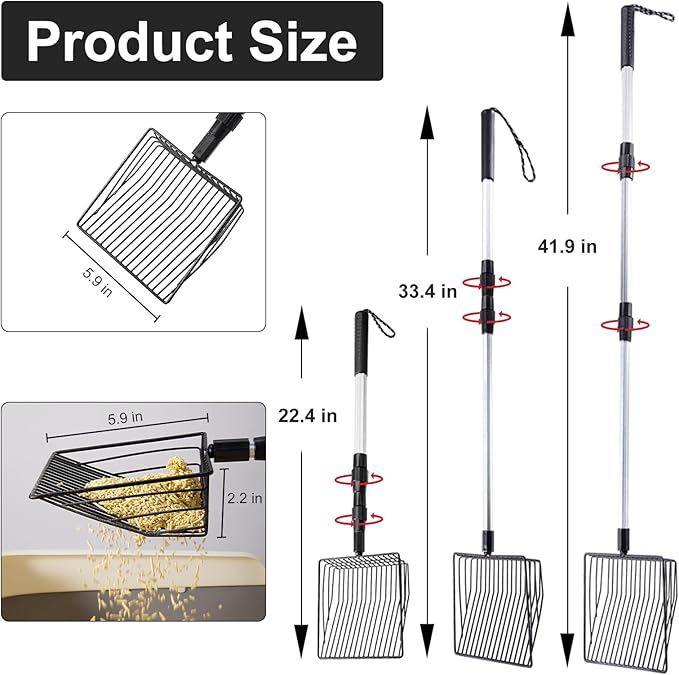 2 Pack Chicken Poop Scooper, 3 in 1 Stretchable Chicken Coop Accessories (22.4 to 41.9 Inch), Metal Sifting Shovel for Chicken Coop Cleaning Tools Separating Poo and Debris from Sand