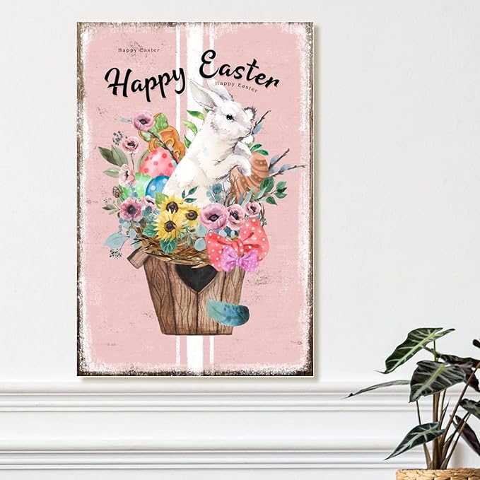 Happy Easter Flower Basket Bunny Wooden Sign French Style Floral Pink Stripes Wood Plaque Easter Eggs Farmhouse Bunny Wood Hanging Signs for Laundry Room Bedroom 12x18in