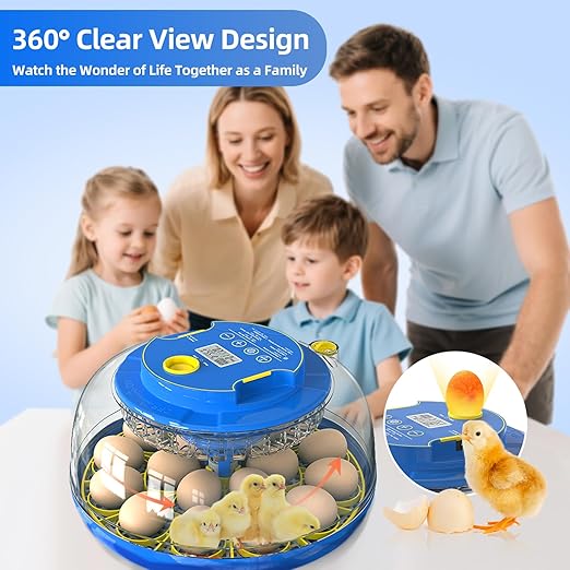 18 Egg Incubator for Hatching Chicken, Duck, Quail Eggs – 360° Visible Lid, Automatic Turning & Humidity Control, Built-in Egg Candler – Ideal for Home & Classroom Science Projects