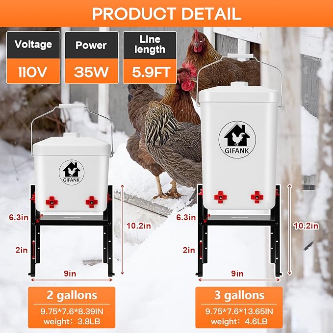 Heated Chicken Waterer for Winter Automatic Heated Chicken Waterer Adsjustable Height Poultry Drinker Heater Anti-Freezing Watering System for Chicken Coop Accessories ABS 2 Gallon