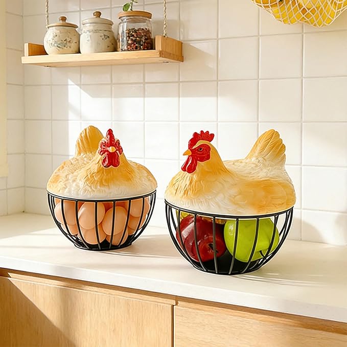 Chicken Egg Basket, Egg Storage Basket with Chicken Cover Chickens Eggs Holder Countertop for Gathering Eggs Black Wire Collection Baskes Decorative Storage Container for Kitchen Counter
