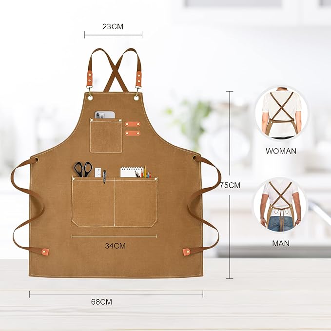 Chef Apron for Men Women Canvas Aprons with 3 Pockets Cross Back Resistant Work Apron for Cooking