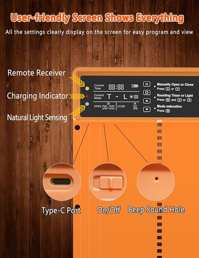 Automatic Chicken Coop Door Solar Powered, LCD Display, Durable Aluminum Alloy Chicken Door with Timer & Light Sensor Setting, Remote Control, Weatherproof, Energy-Saving, Solar Panel or USB Charging