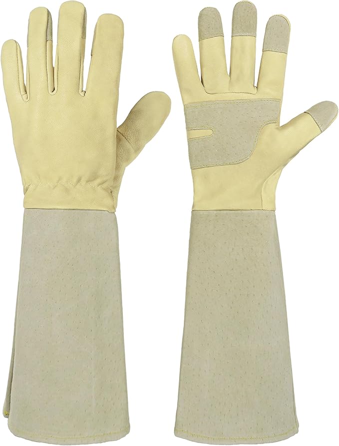 HANDLANDY Rose Pruning Gardening Gloves for Men Women, Thorn Proof Forearm Protection Leather Garden Gloves, Gardening Gifts for Gardeners (Vanilla, Large)