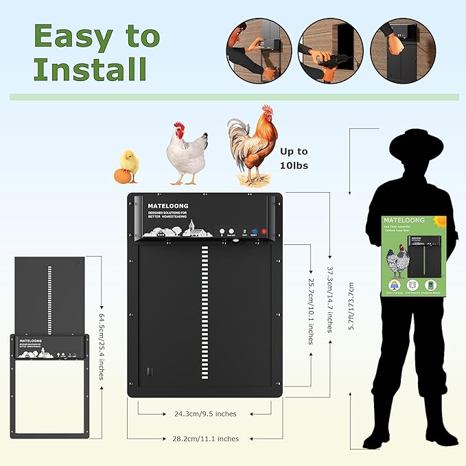 Smart Chicken Coop Door with Programmable App Timer, Solar Powered/Battery Backup, Motion-Activated Anti-Pinch System, Heavy-Duty Waterproof Aluminum Door for Hens & Ducks - MATELOONG
