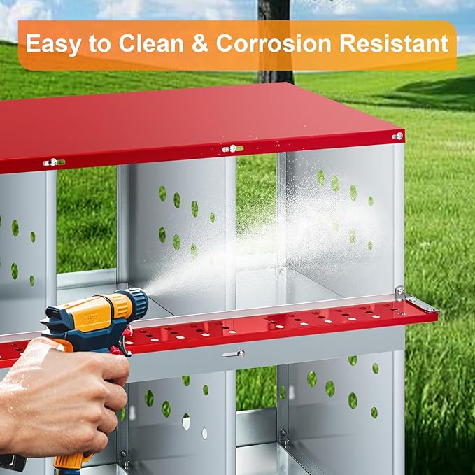 6-Compartment Chicken Nesting Box, Roll Away Metal Laying Box with Easy Egg Collection, Pull-Out Tray & Swing Perch, Wall Mount Hen Brooder Box for Chicken and Duck Coops, Without Cover, Red