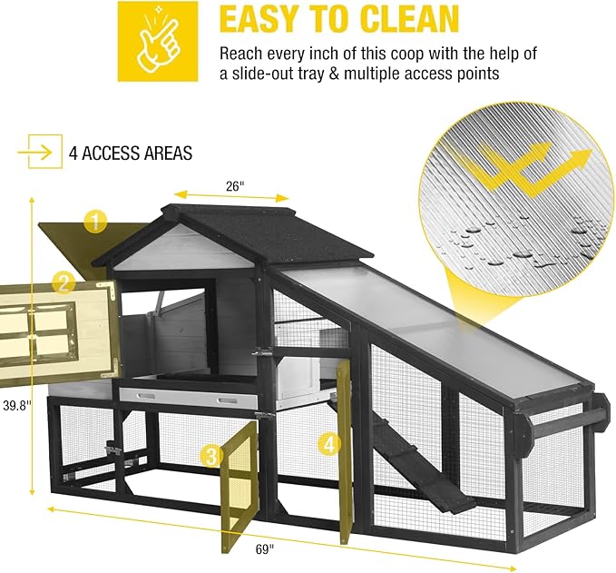 Aivituvin Chicken Coop Outdoor with Wheels, Mobile Hen House Wooden Poultry Cage with Run & Waterproof Roof (Black with White)