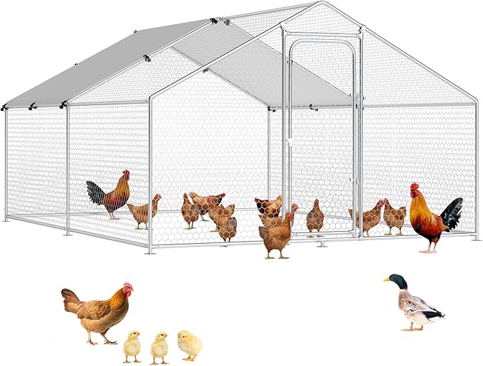 Large Metal Chicken Coop with Weatherproof Cover and Multi-Purpose Chicken Run for Chickens, Ducks, Rabbits, Farm and Yard Animal Pen (10’ W x 13.2’ L x 6.4’ H, Spire Roof)