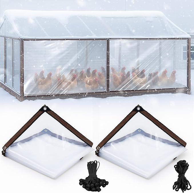 VitalCozy 2 Pcs Chicken Coop Cover 14.5 x 6.6 ft Waterproof Clear Tarp Heavy Duty PVC Vinyl Chicken Run Cover Coop Accessories for Outdoor Winter with 30 Pcs Ball Bungees Cords