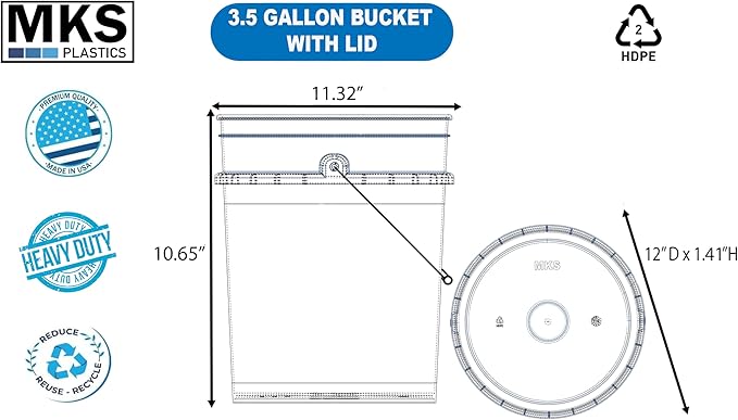3.5-Gallon Bucket with Airtight Lid – Made in USA, Food Grade BPA Free Plastic, Heavy Duty Multi-Use, Metal Handle with Grip, Stackable Storage – White, 1 Pack