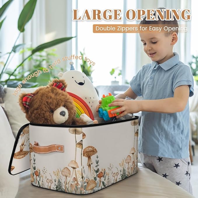 Mushroom Flower Storage Bins With Lids Fabric Collapsible Storage Box with Leather Handles for Home Bedroom Foldable Closet Shelf Organizer