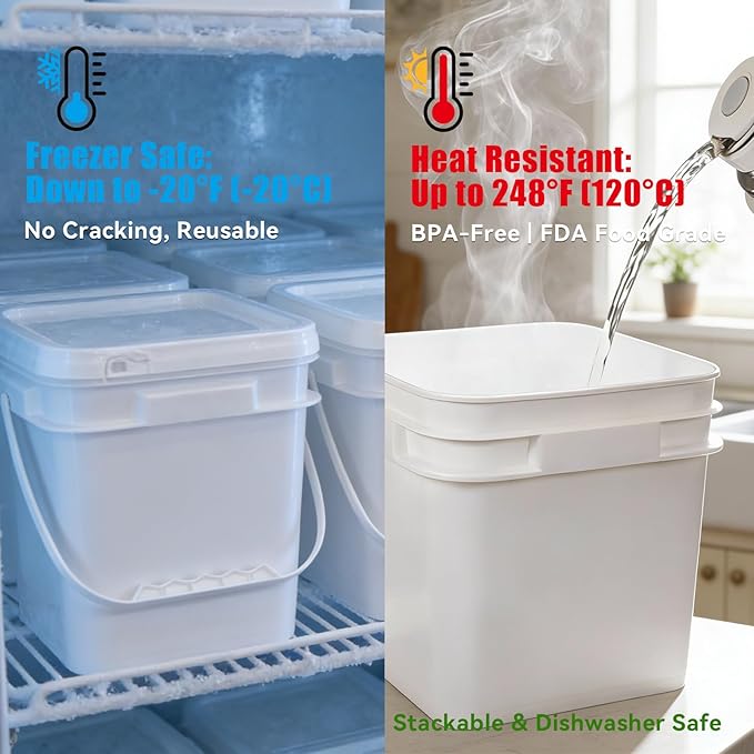 Bucket with Lid - 4 Packs Square White Plastic Storage Containers, Food Safe with Handle, Airtight Pressure Lids for Kitchen & Home (White, 1 gal)
