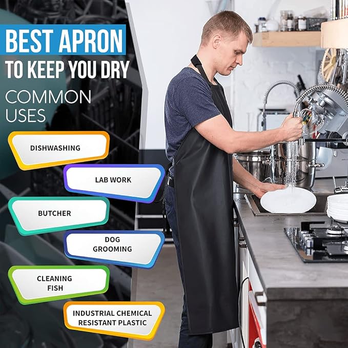 Aulett Home 35" Waterproof Rubber Black Vinyl Apron for Dishwashing, Lab, Butcher, Dog Grooming - Industrial Plastic